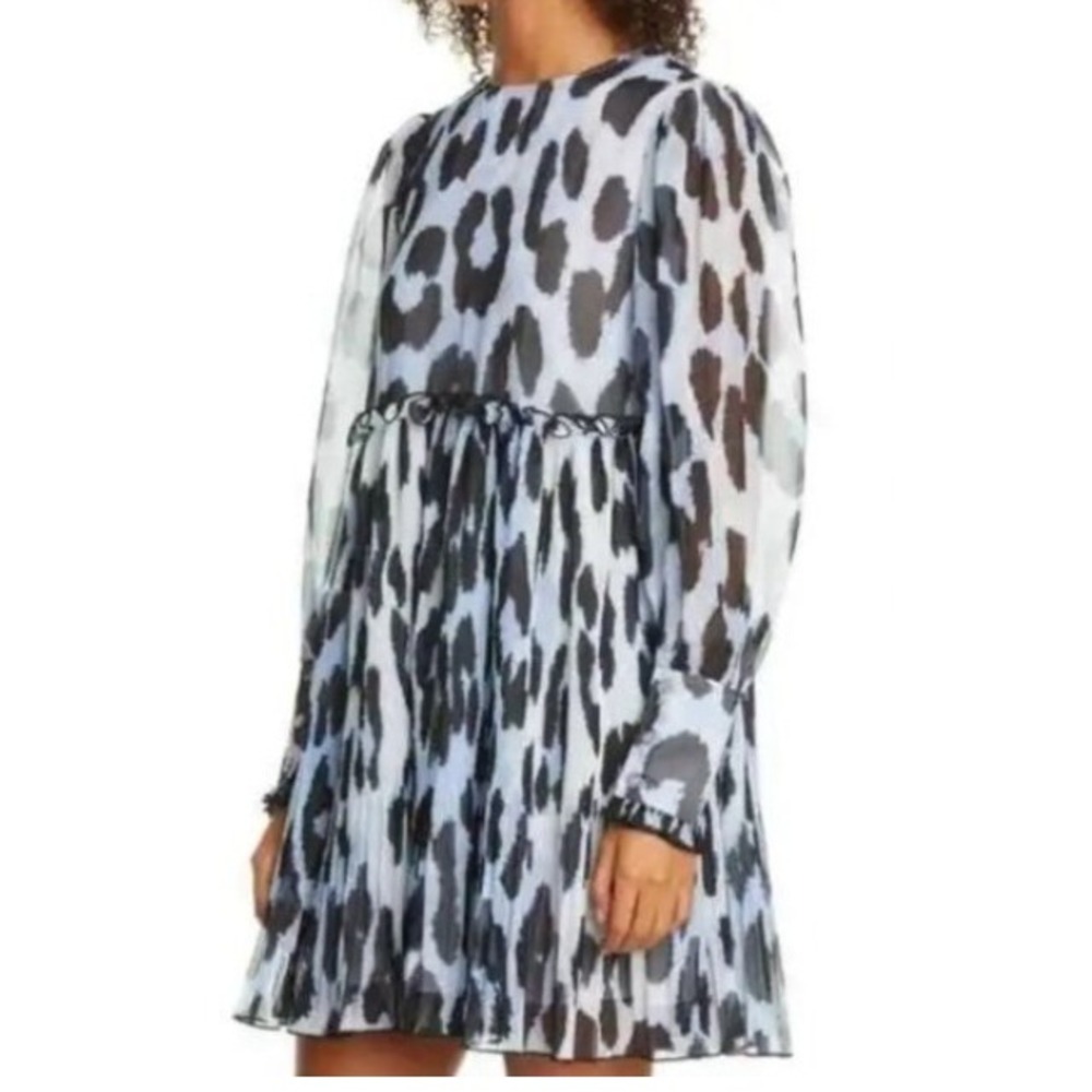Ganni Women's Blue Black Pleated Georgette Animal Print Long Sleeve Mini Dress‎
